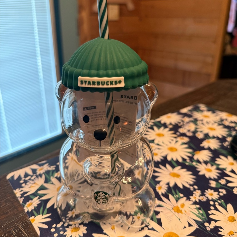 Starbucks Barista Bear Cup with Green Hat Lid and green and white straw